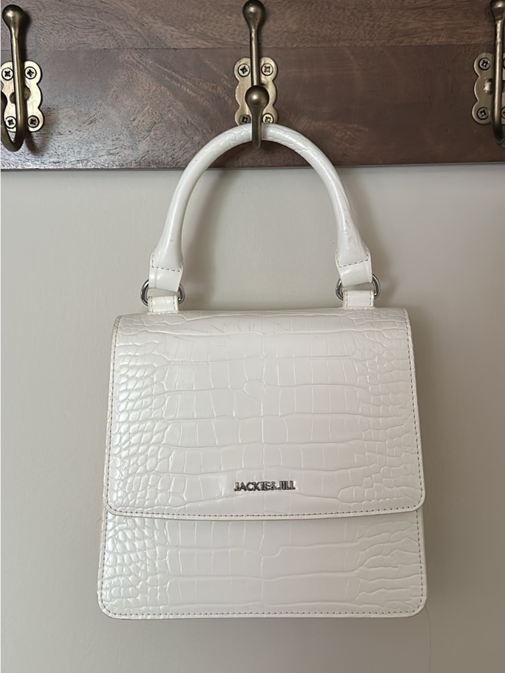 White Croc-Embossed Top Handle Bag